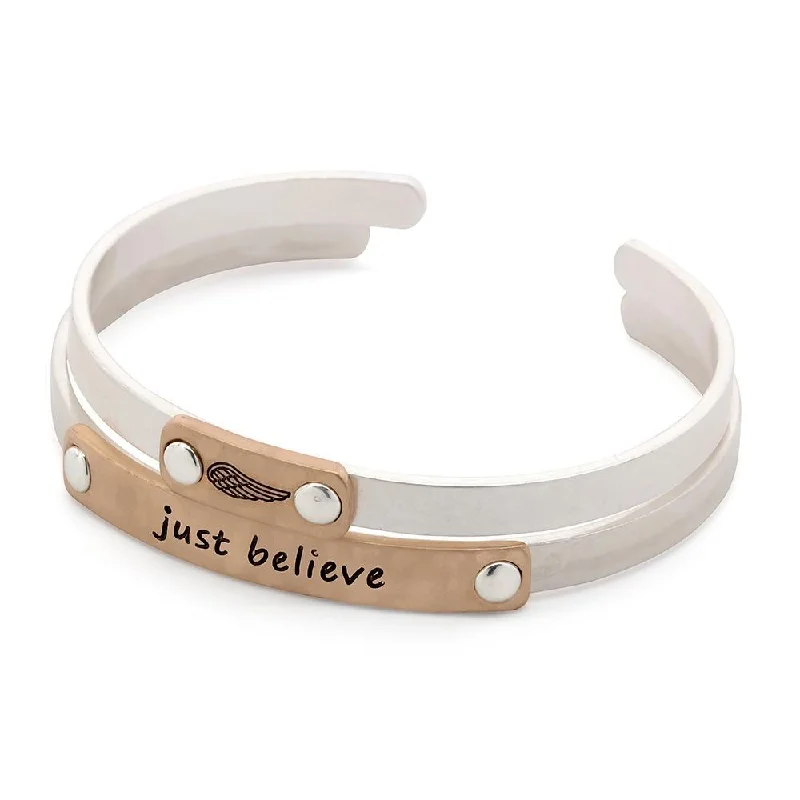 Just Believe Double Bangle Silver and Rose Gold Plated