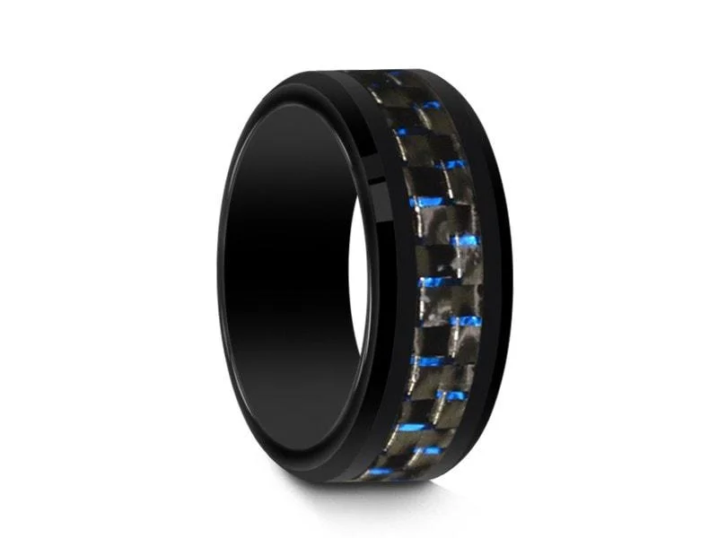 8MM BLACK CERAMIC WEDDING BAND BEVELED AND BLUE CARBON FIBER INLAY