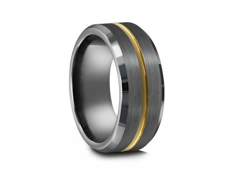 8MM Brushed GRAY GUNMETAL Tungsten Wedding Band YELLOW CENTER AND GRAY INTERIOR