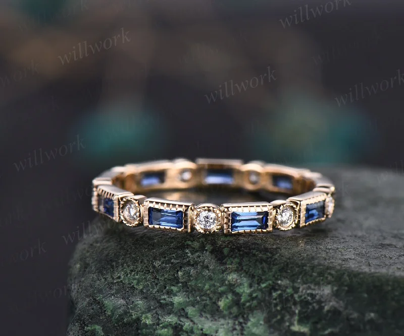 Baguette cut sapphire wedding band Milgrain full eternity diamond wedding ring band 14k yellow gold vintage unique anniversary ring gifts