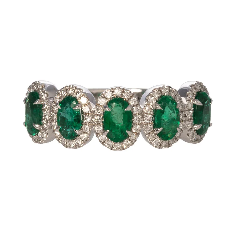 Five Stone Oval Emerald & Diamond Halo 14K White Gold Ring