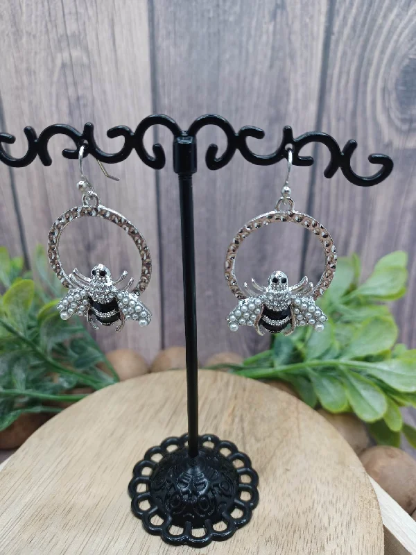 Silver Bee Earrings w/ Rhinestones