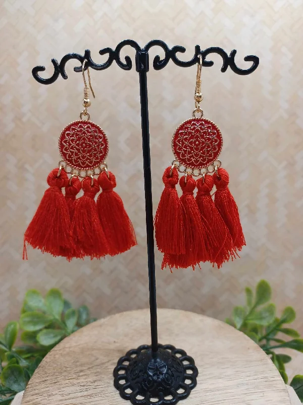 Burnt Orange Design Earrings w/ Tassel & Gold Detailing