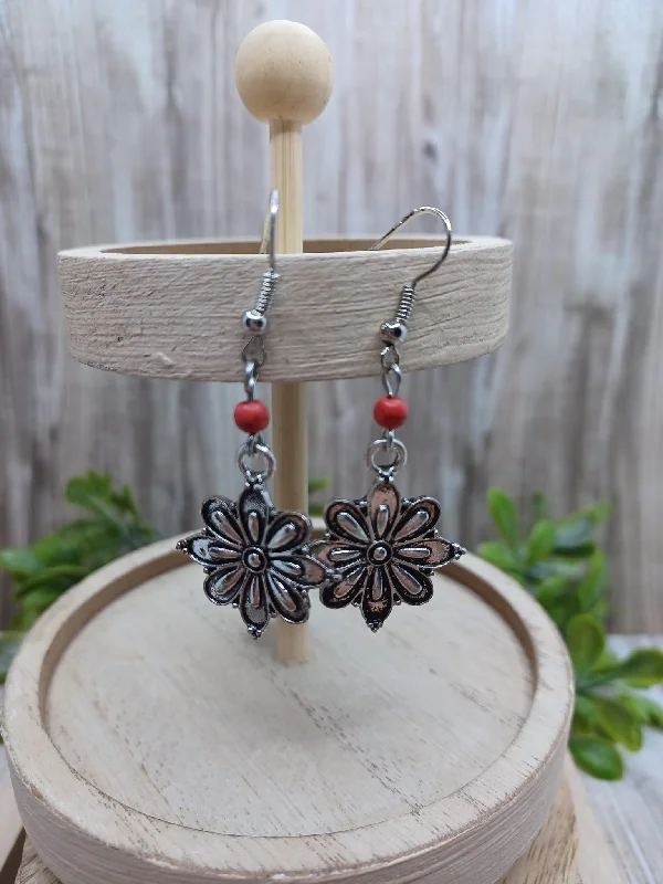 Silver Flower Earrings w/ Red Accent Beading