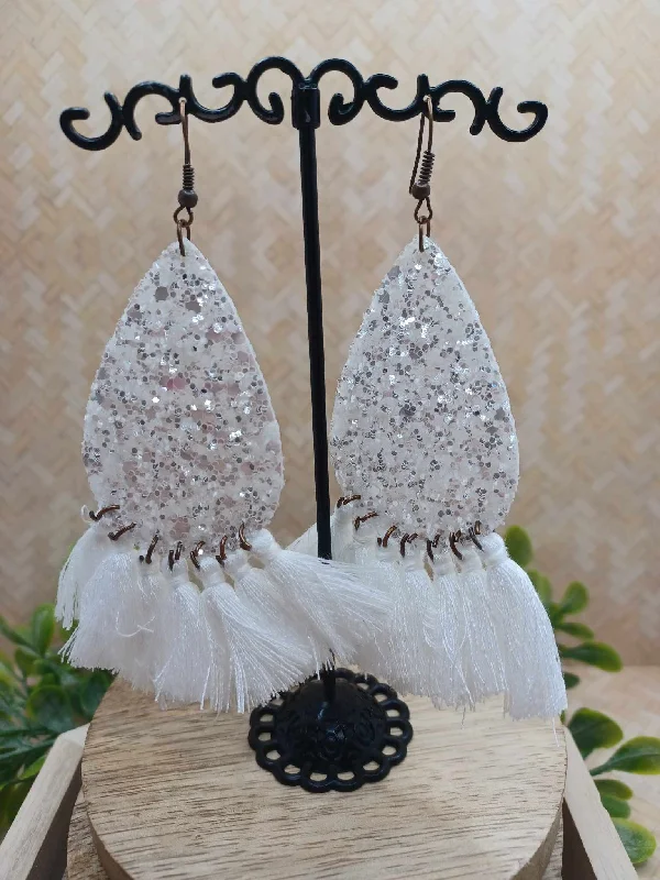 White Glitter Teardrop Earrings w/ White Tassels