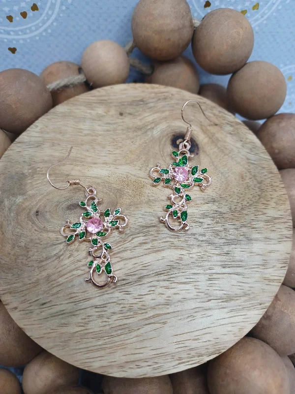 Rose Gold Vinery Cross Earrings w/ Pink Rhinestones