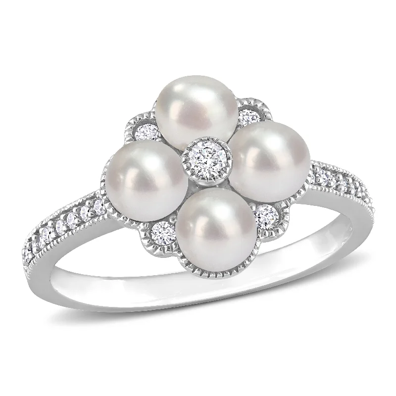 Miadora Cultured Freshwater Pearl and 1/6ct TDW Diamond Cluster Ring in 14k White Gold