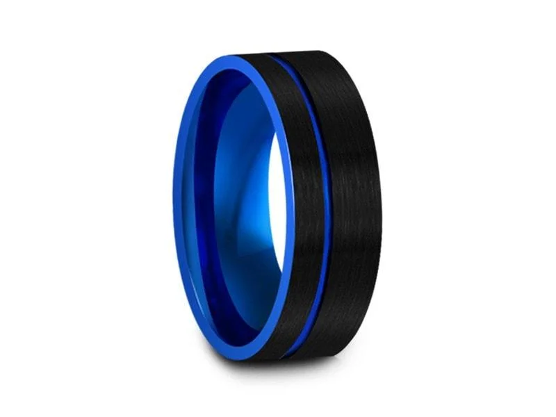 8MM BRUSHED BLACK Tungsten Wedding Band BLUE LINE AND BLUE INTERIOR