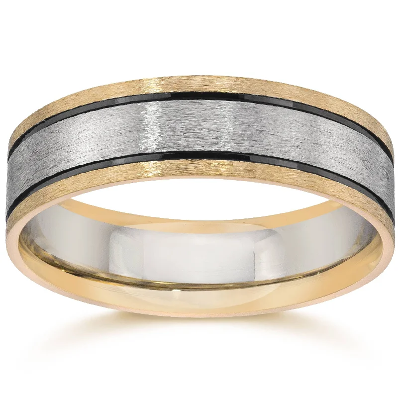 Double Inlay Brushed Wedding Band 14K White & Yellow Gold