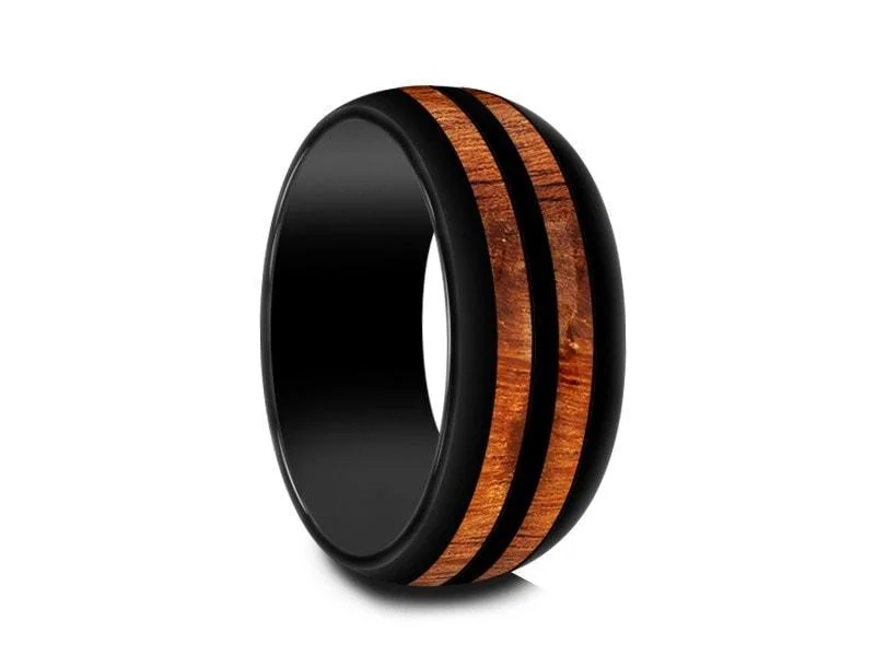 8MM BLACK CERAMIC WEDDING BAND DOME AND HAWAIIAN KOA WOOD INLAY