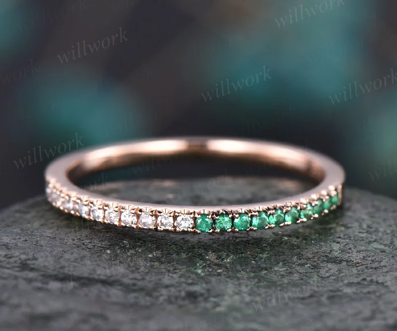 Vintage natural emerald ring for women rose gold ring unique emerald wedding band diamond wedding ring band birthday gift anniversary ring