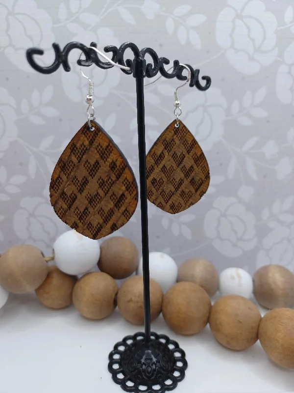 Wooden Engraved Heart Earrings