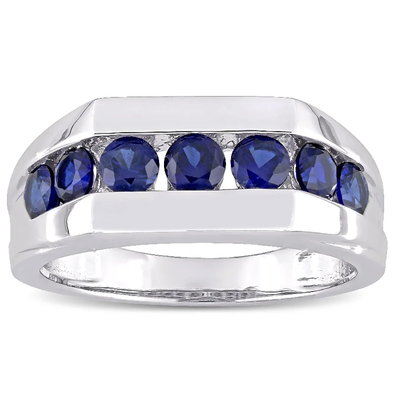 Miadora Men's Sterling Silver Created Blue Sapphire Wedding Band Ring