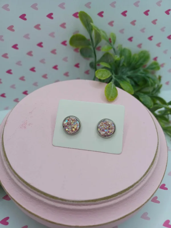 Pink Druzy w/ Iridescent Glitter Earrings