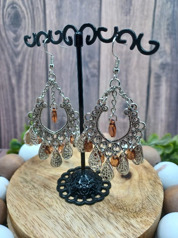 Silver Filigree Earrings w/ Brown Dangle Beading