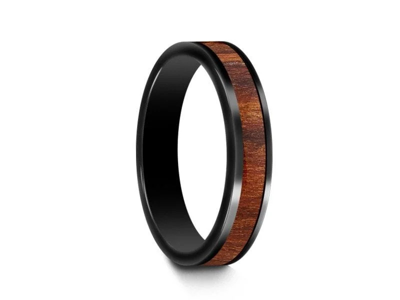 4MM BLACK CERAMIC WEDDING BAND FLAT AND HAWAIIAN KOA WOOD INLAY