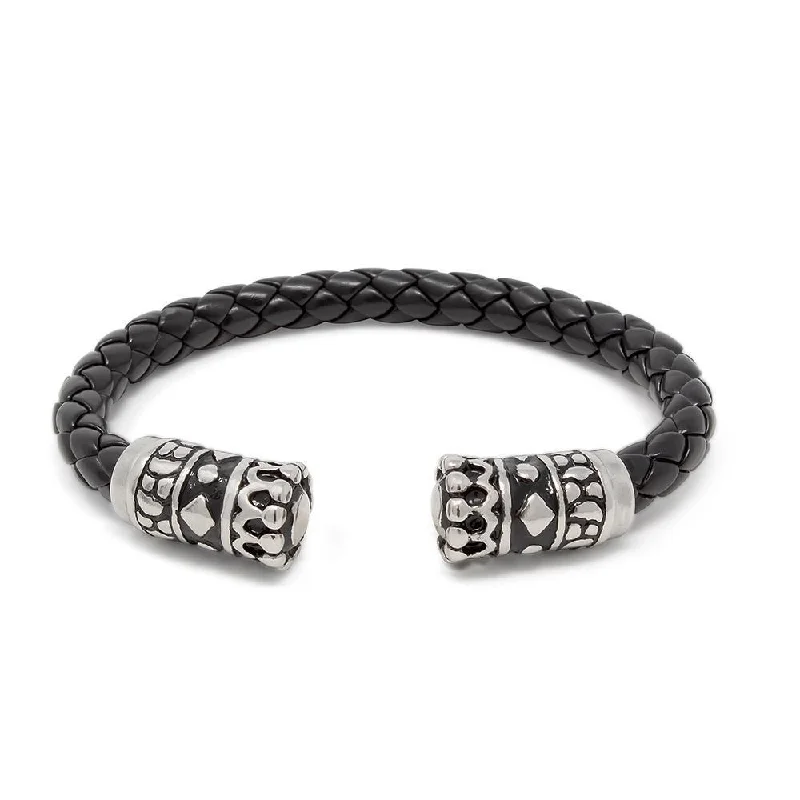 Stainless Steel Crown Braided Leather Bangle Black