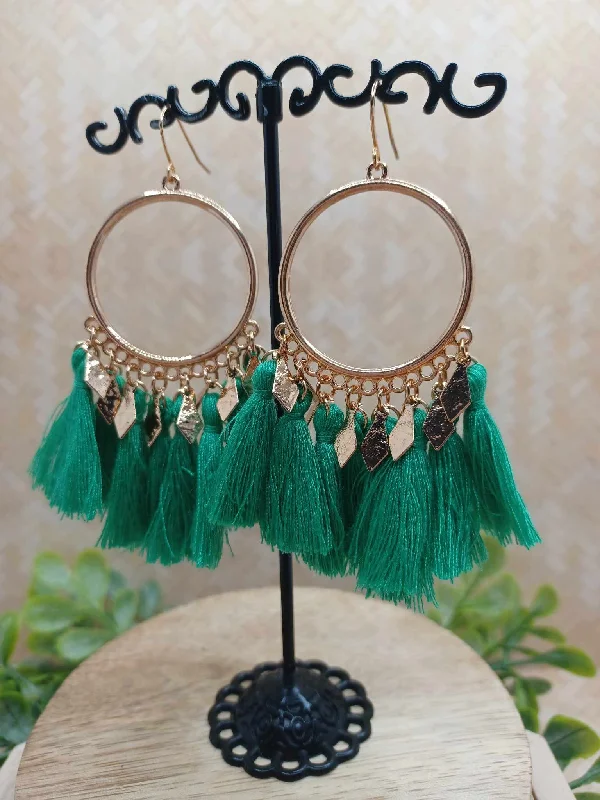 Green Tassel Earrings w/ Gold Detailing