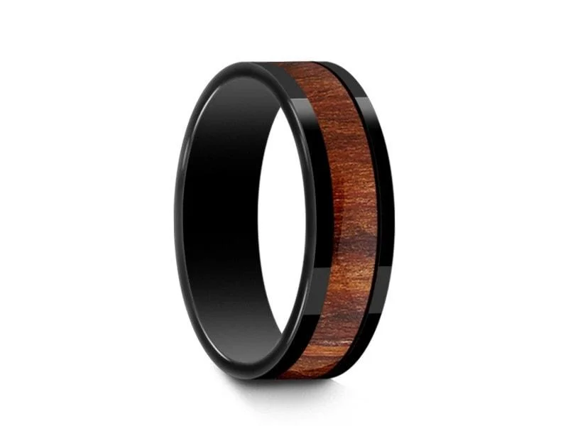 6MM BLACK CERAMIC WEDDING BAND FLAT AND HAWAIIAN KOA WOOD INLAY