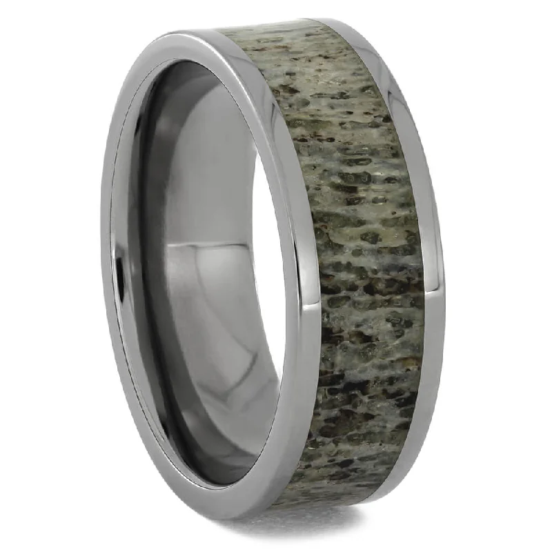 Polished Titanium Ring with Deer Antler Inlay