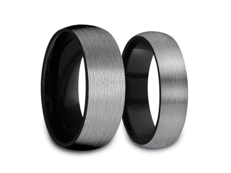 6MM/8MM BRUSHED GRAY GUNMETAL Tungsten Wedding Band Set DOME AND BLACK INTERIOR