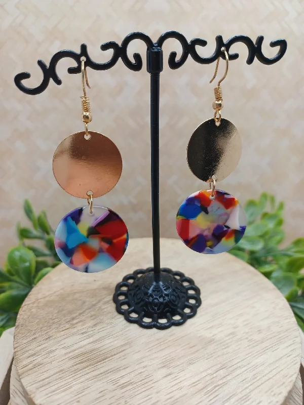 Gold & Acrylic Multicolored Circle Earrings - Darker