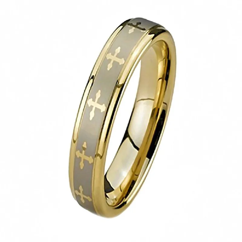 Celtic Cross: Unisex Comfort Fit Band Ring 316 Steel & IP Gold