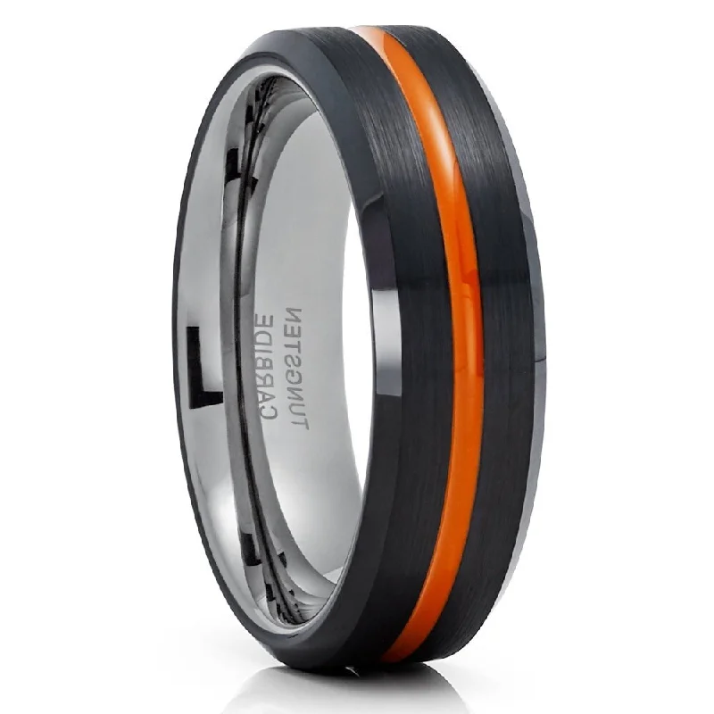 6Mm Orange Tungsten Ring Black Wedding Band Comfort Fit Cobalt Free Lifetime