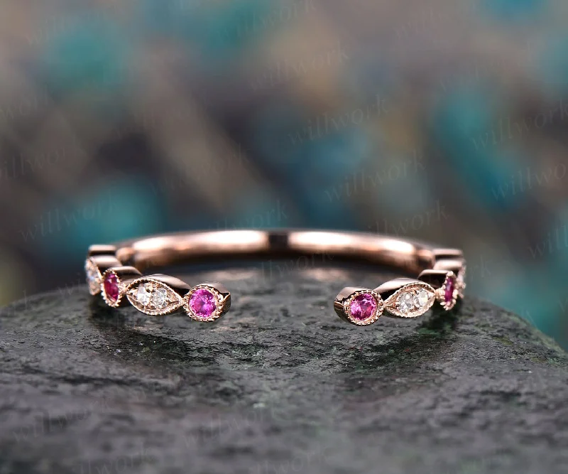 Natural ruby diamond wedding band 14k rose gold real diamond stacking matching wedding half eternity Migrain open gap art deco ring band