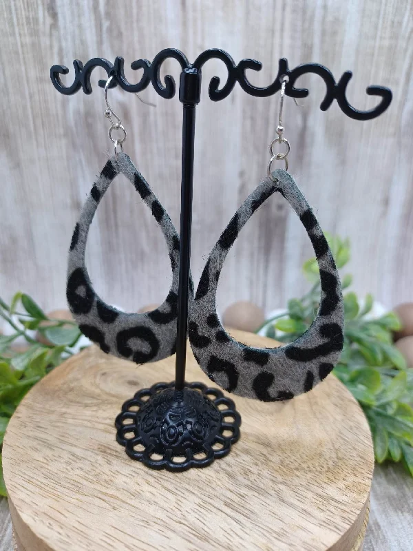 Grey Leopard Faux Fur Teardrop Shaped Earrings