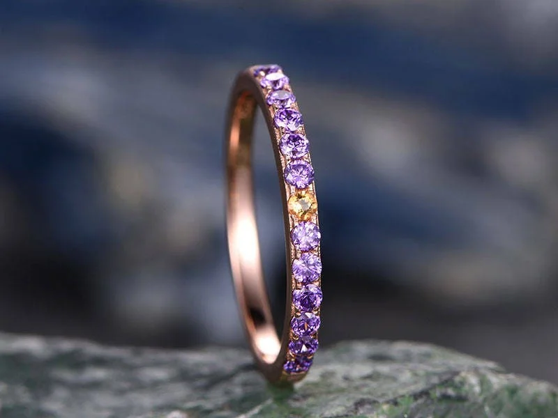 Natural 2mm Round Amethyst wedding ring with center Citrine-solid 14k Rose gold-handmade unique ring-halfeternity-Matching band-Birthstone