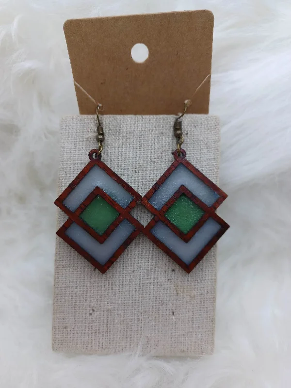 Wooden Geometric Design Earrings w/ White & Green Acrylic Accents