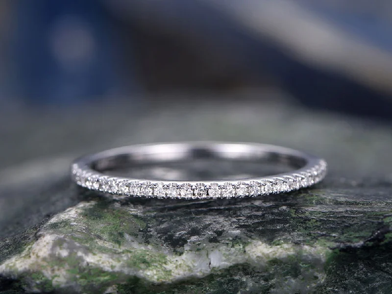 Diamond wedding ring-Solid 14k white gold -handmade diamond stacking ring-half eternity- 1mm thin Matching band-tiny round cut stones