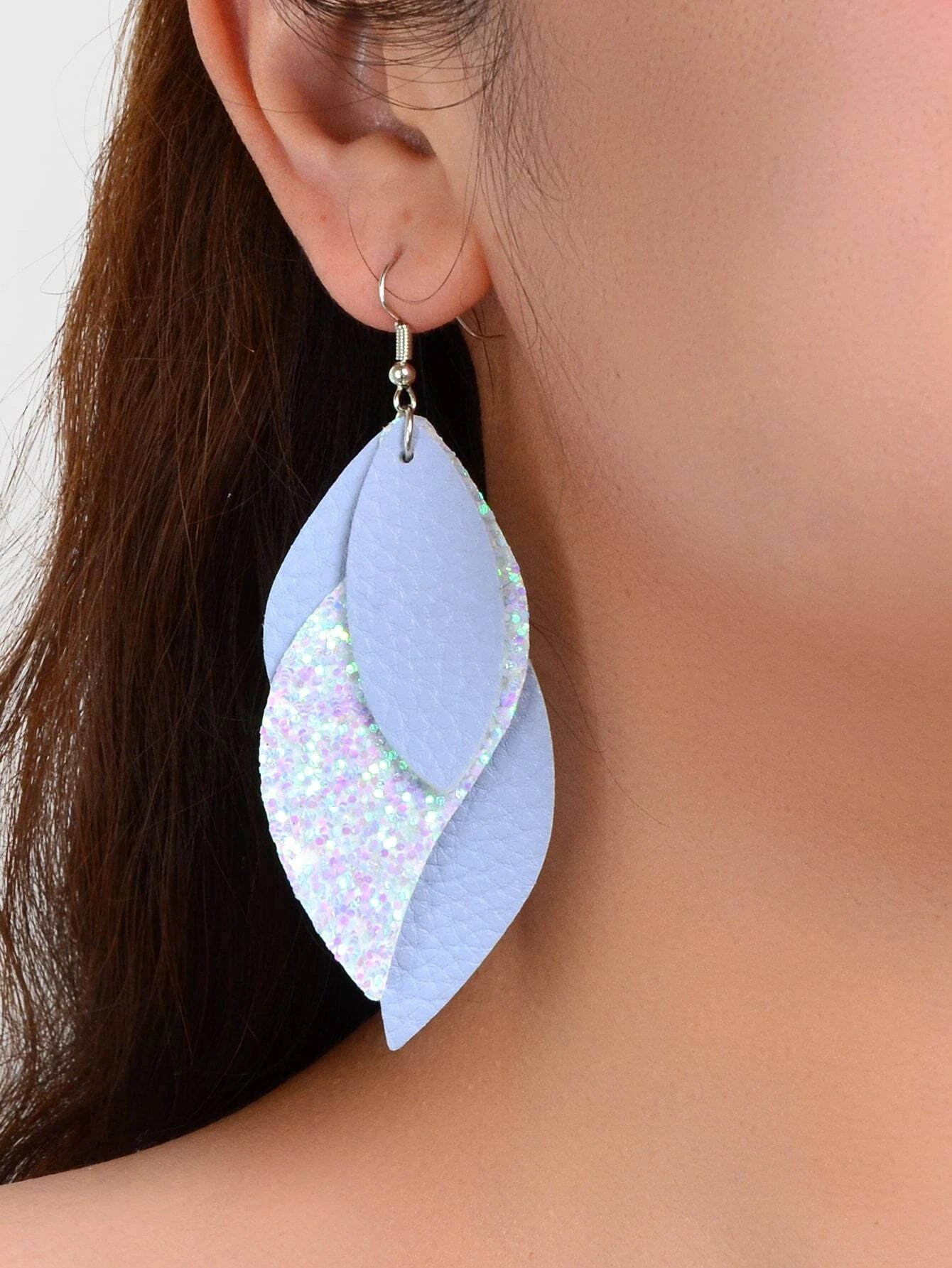 Triple Layered Light Blue Leather Style Earrings w/ Glitter