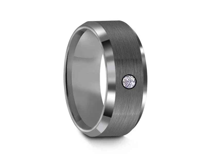 8MM Brushed GRAY GUNMETAL Tungsten Wedding Band CENTER CZ AND GRAY INTERIOR