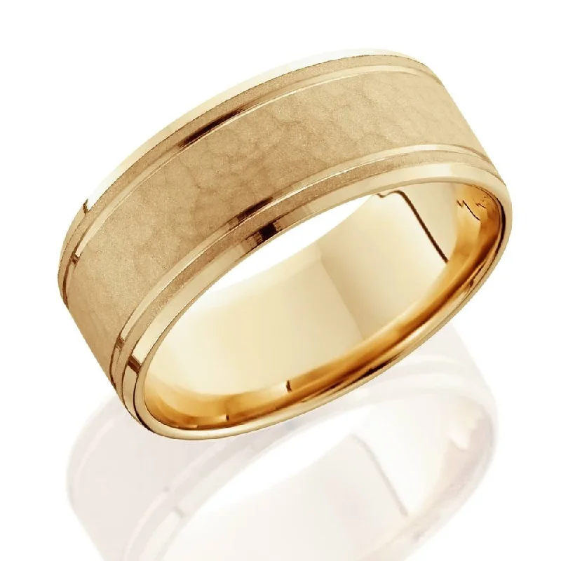 8mm Hammered Center Mens Wedding Band 14K Yellow Gold