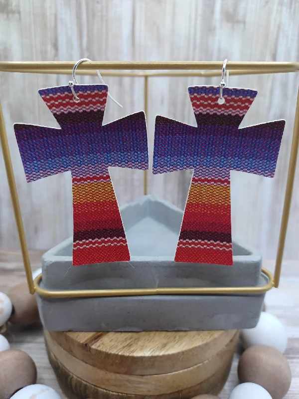 Blue & Multicolored Cross Leather Style Earrings