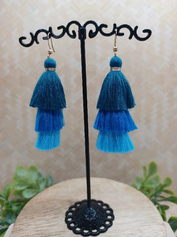 Blue Gradient Triple Tassel Earrings