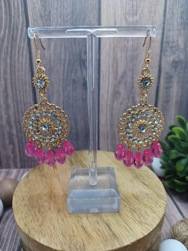 Pink Chandelier Beaded Earrings w/ Rhinestones