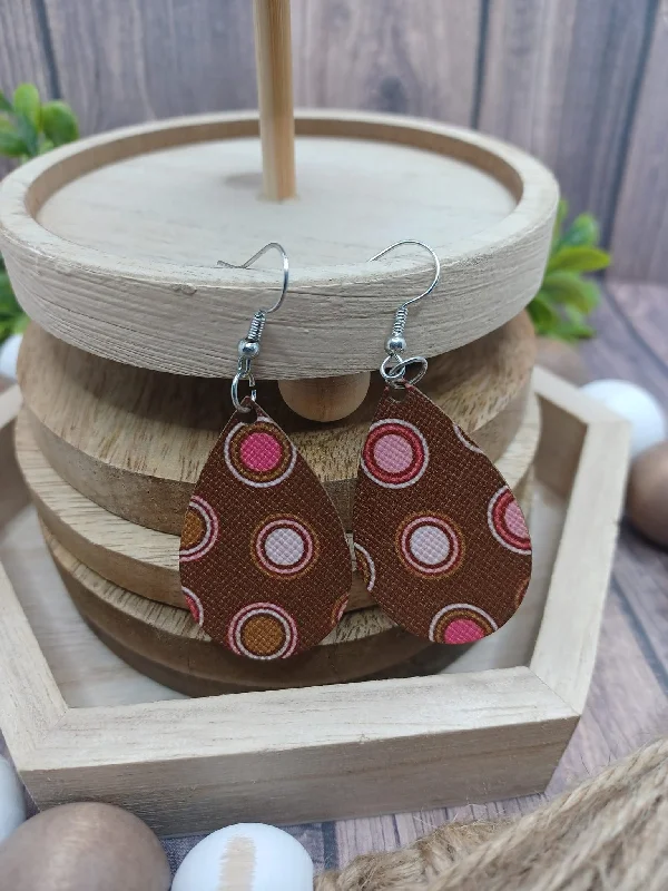 Brown w/ Pink Circles Teardrop Shaped Earrings