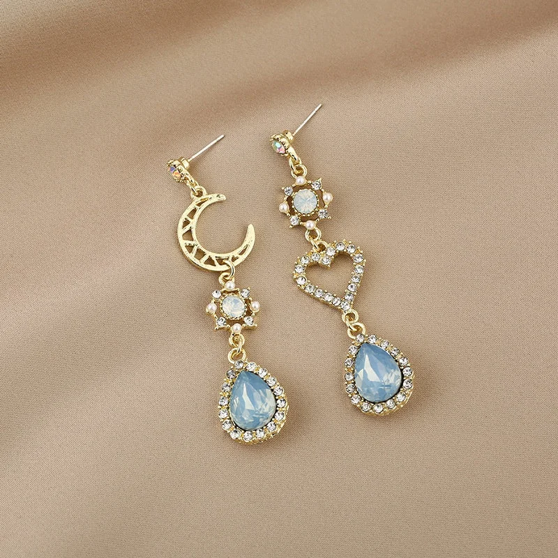 Gold Earrings w/ Blue Opal Style Rhinestones Hearts, Moons, and Blue Rhinestones