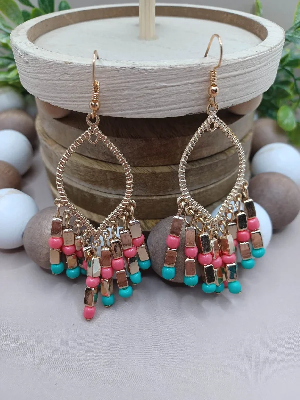 Gold, Pink, & Turquoise Tassel Style Earrings