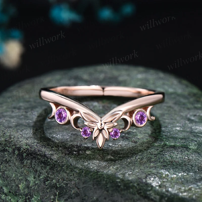 Vintage 14k rose gold amethyst wedding band viking celtic knot crescent ring natural leaf dainty wedding band for women