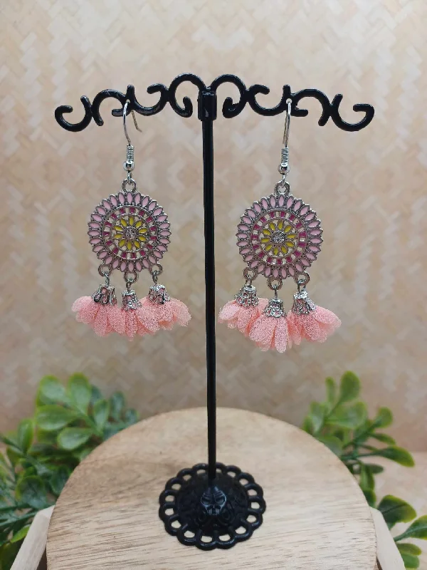 Pink Flower Earrings w/ Flower Tassels