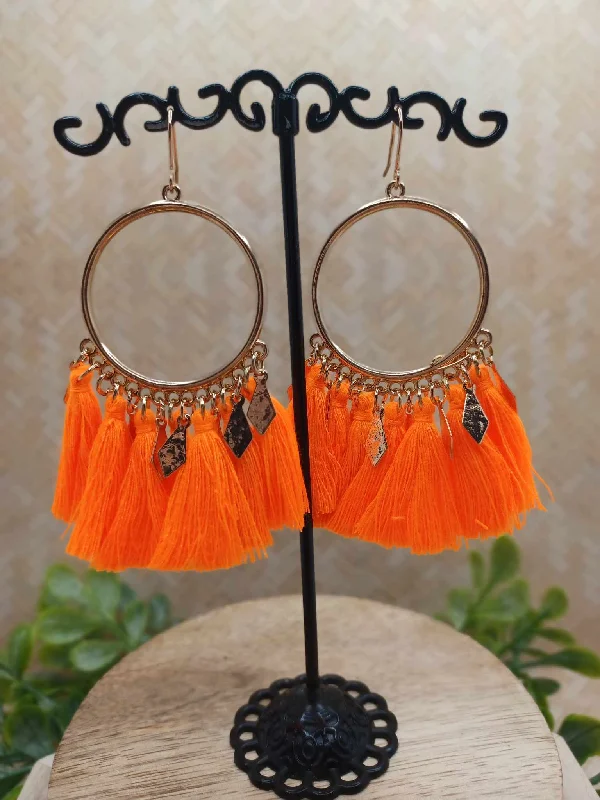 NEON Orange Tassel Earrings w/ Gold Detailing