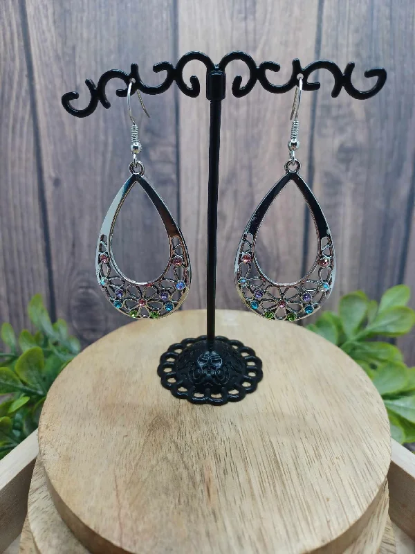 Silver Teardrop Earrings w/ Multicolored Flower Rhinestone Design