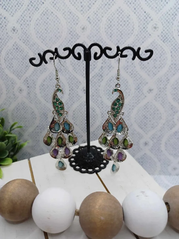 Peacock Style Layered Earrings w/ Multicolored Rhinestones