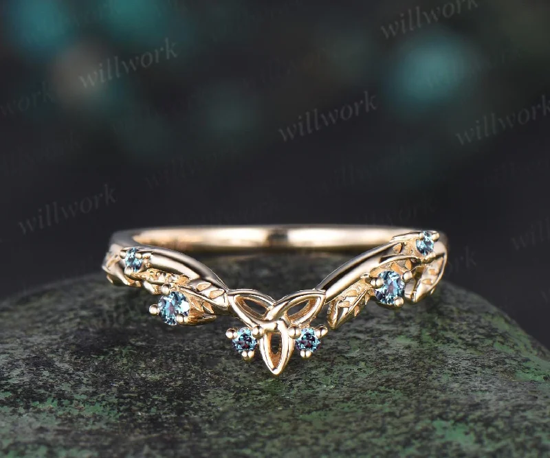 Celtic knot leaf Alexandrite wedding band solid 14k yellow gold stacking matching bridal anniversary ring gift Norse Viking Jewelry