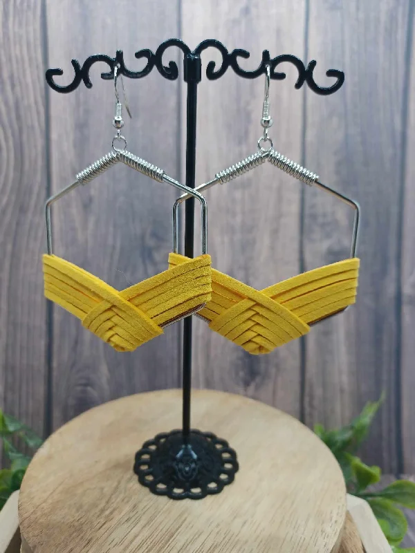 Silver Geometric Earrings wrapped in Yellow Suede