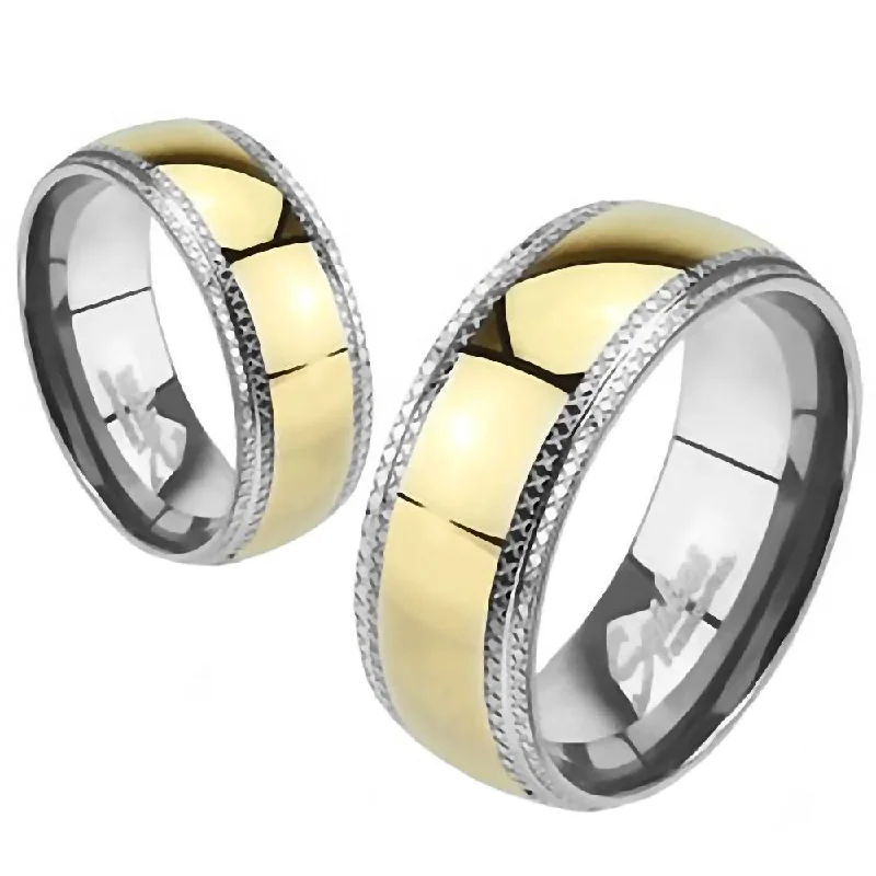 Kaylor: Stainless Steel Etched Edges and IP Gold Center Wedding Band